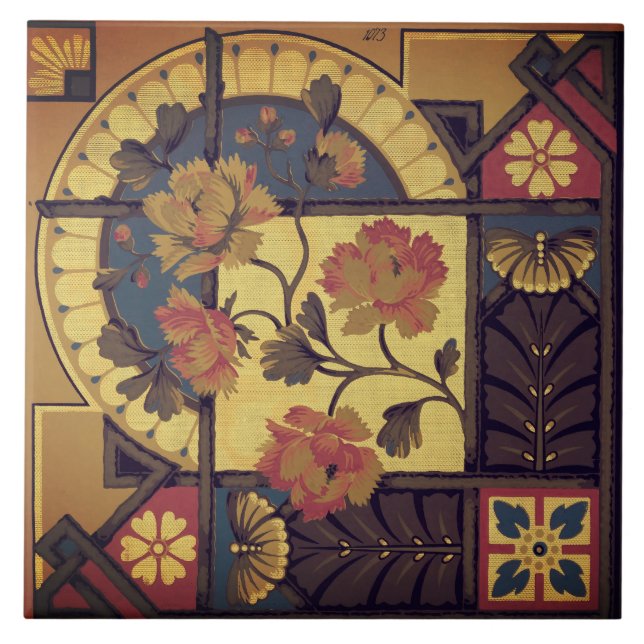 Carreau Arts floraux victoriens et artisanat bleu brun rou (Devant)