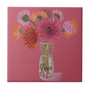 Carreau Arty Gerbera Fleur colorée +Nom personnalisé