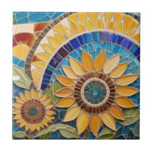 Carreau Arty Yellow Sunflower Abstrait Faux Mosaïque Bleu