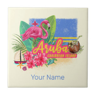 Carreau Aruba Retro Caraïbes île avec Flamant rose Vintage