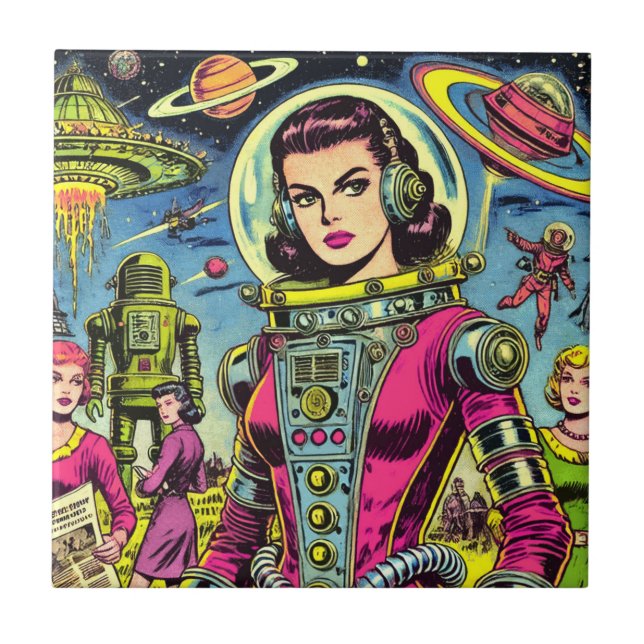 Carreau Astronaut Femme Vintage de BD Sci-Fi (Devant)