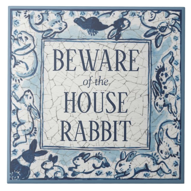 Carreau Attention Maison Rabbit Delft Blanc Bleu Panneau D (Devant)