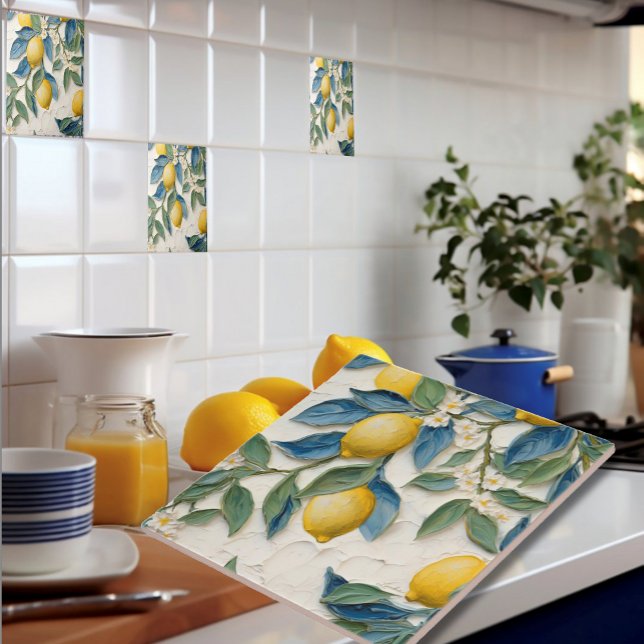 Carreau au citron à motif peint à la main - Cadeau (Hand Painted Look Lemons and Leaves with Blossoms - Ceramic Tile - Bridal Shower Favor)