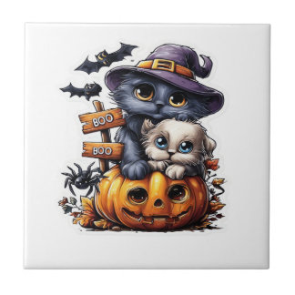 Carreau Autocollant de chat Halloween mignon � Chapeau de