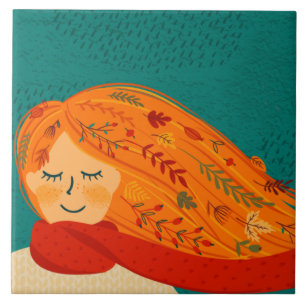 Carreau Automne Rustic Girl Feuilles et pluie