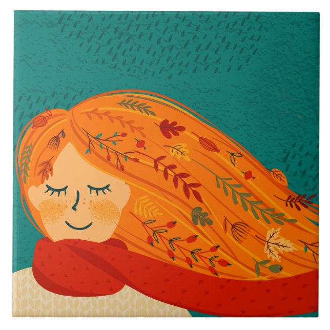 Carreau Automne Rustic Girl Feuilles et pluie (Devant)