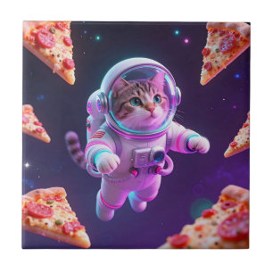 Carreau Aventure spatiale de pizza flottante avec un chat 