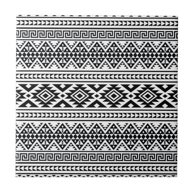 Carreau Aztec Boho, Motif tribal géométrique noir blanc (Devant)
