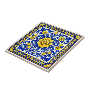 Carreau Azul Flor Dourada — Floral Azulejo