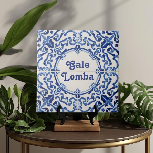 Carreau Azulejo Blue Custom House Name Plate Plaque Sign  (Azulejo Mediterranean Blue & White Custom House Name Or Family Name Plaque Sign Square Ceramic Tile)