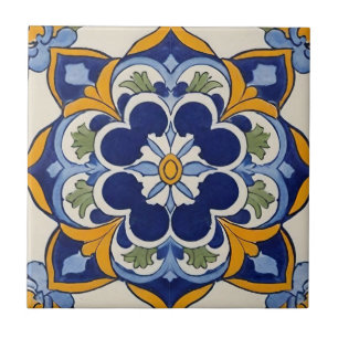 Carreau Azulejo mosaïque bleue jaune et verte vintage
