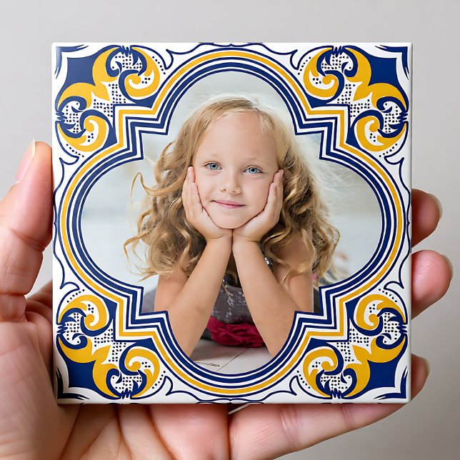 Carreau Azulejos bleu et jaune, photo personnalisée (Cute blue and yellow Azulejos, custom photo Ceramic Tile)