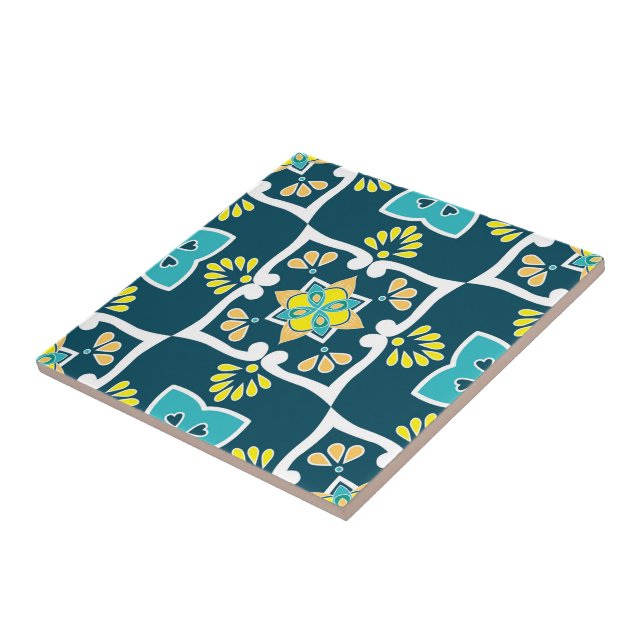 Carreau Azulejos minty et turquoise aux éléments jaunes (Côté)