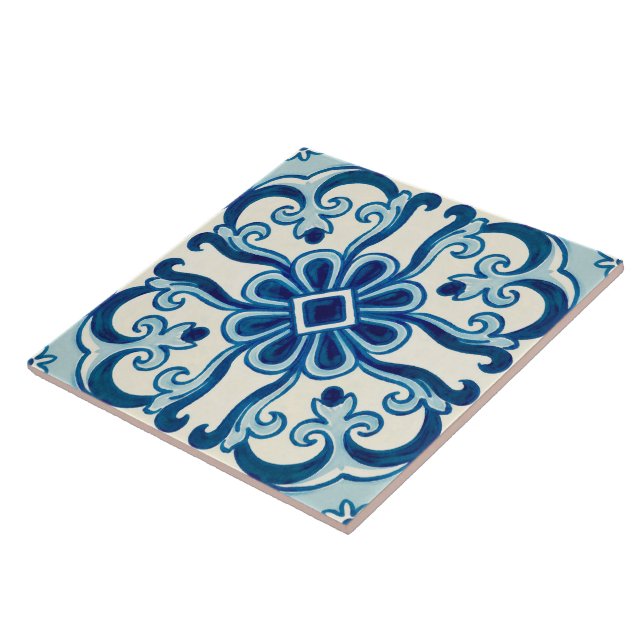 Carreau Azulejos Portugais Bleu motif floral  (Côté)