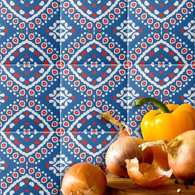 Carreau Azur bleu rouge et blanc ethnique Motif de Bohême (Créateur téléchargé)
