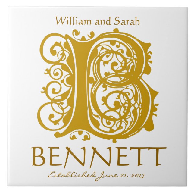 Carreau B Monogramme or sur blanc - Noms Mariage Date Tile (Devant)