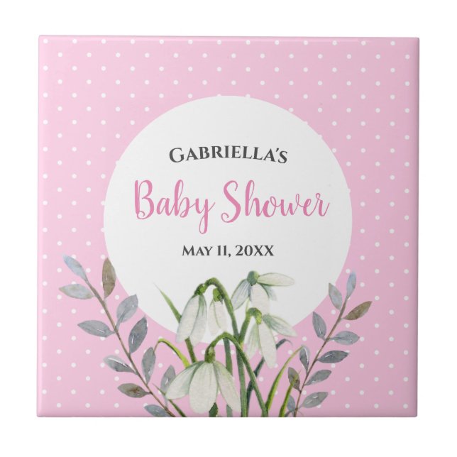 Carreau Baby Shower Gouttes de Neige Blanches Points Polka (Devant)