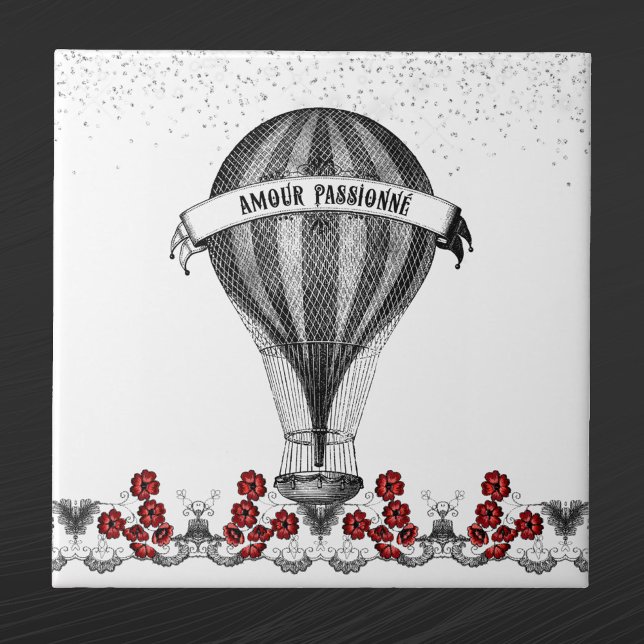 Carreau Ballon à air chaud vintage rouge Floral (Créateur téléchargé)