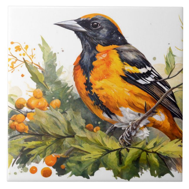 Carreau Baltimore Oriole sur une branche de baies (Devant)