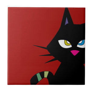 Carreau Bande dessinée de chat noir sur le rouge