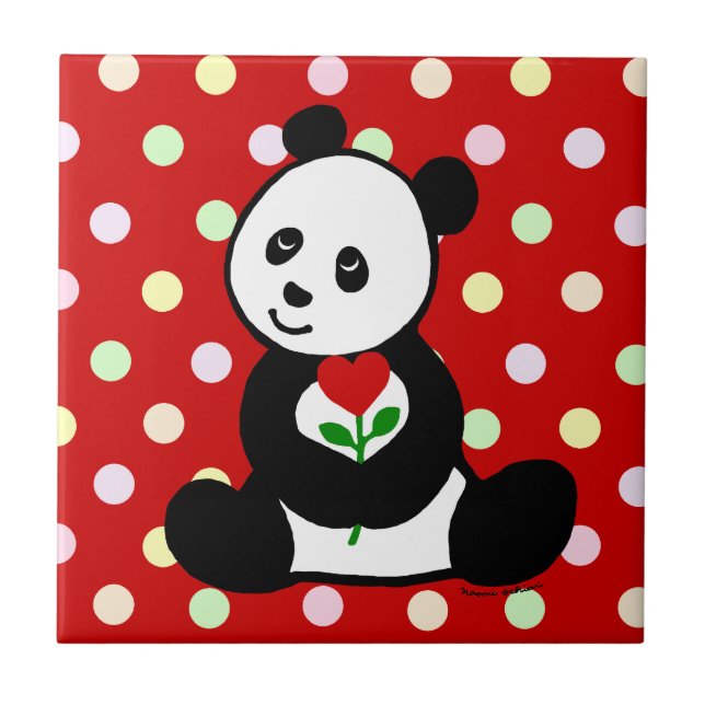 Carreau Bande dessinée de panda et une fleur de coeur (Devant)