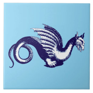Carreau Baroque Era Bleu et blanc Dragon médiéval