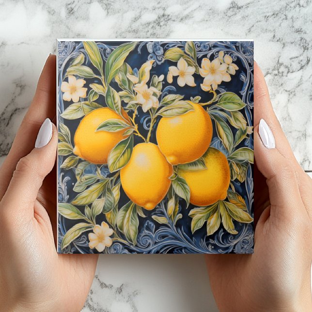 Carreau Baroque Lemon Botanical Ceramic Tile with Scrolls (Baroque)