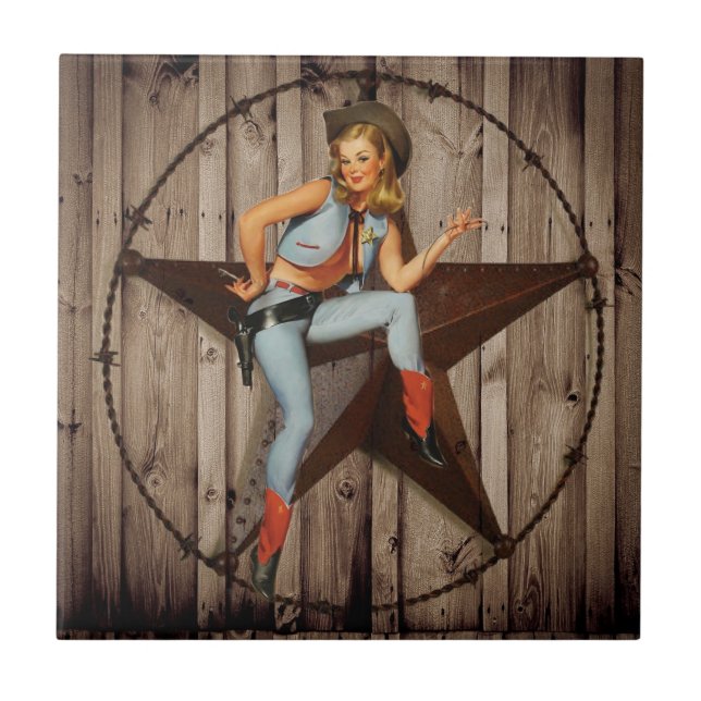 Carreau Barre Wood Texas Star pays occidental Cowgirl (Devant)