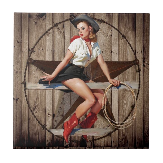 Carreau Barre Wood Texas Star pays occidental Cowgirl (Devant)