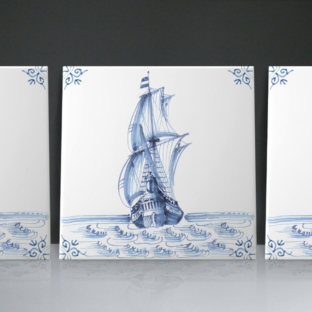 Carreau Bateau à voile Delft Blue Dutch Style Frigate Scho (Créateur téléchargé)