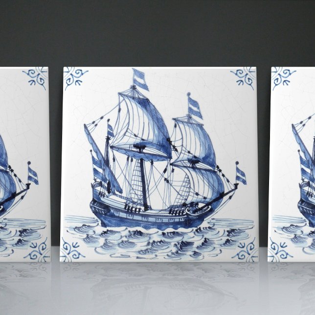 Carreau Bateau à voile Delft Blue Dutch Style Frigate Scho (Créateur téléchargé)