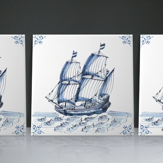 Carreau Bateau à voile Delft Blue Dutch Style Frigate Scho (Créateur téléchargé)