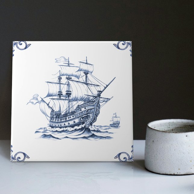 Carreau Bateau à voile Delft Blue Dutch Style Frigate Scho (Créateur téléchargé)