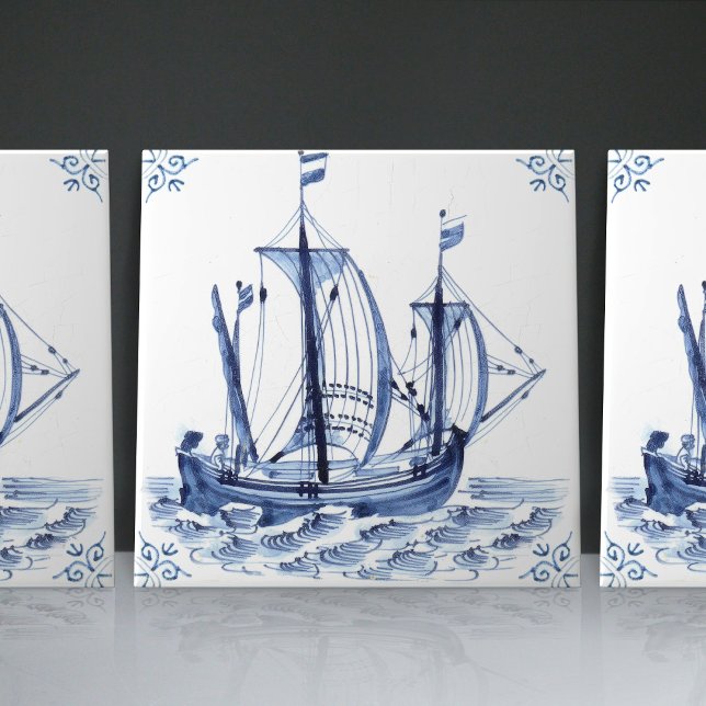Carreau Bateau à voile Delft Blue Dutch Style Frigate Scho (Créateur téléchargé)