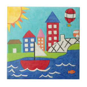 Carreau Bateau à voile et ballon à air chaud avec Cityscap