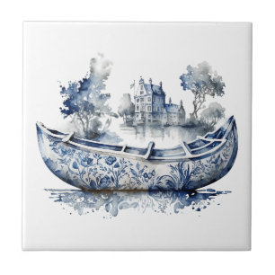 Carreau Bateau de style Delft bleu et blanc avec scène de 
