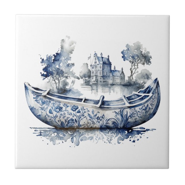 Carreau Bateau de style Delft bleu et blanc avec scène de  (Devant)