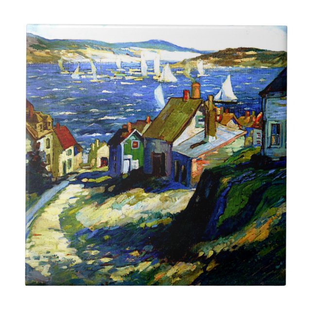 Carreau Bateaux à voile au port, peinture d'art (Devant)