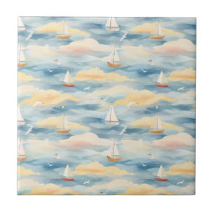 Carreau Bateaux à voile de rêve Motif d'aquarelle océaniqu