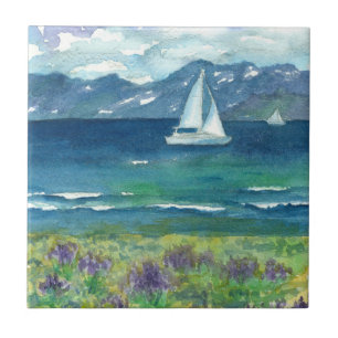 Carreau Bateaux à voiliers Mountain Lake Purple Watercolor