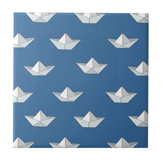 Carreau Bateaux d'origami sur le motif de l'eau (Devant)