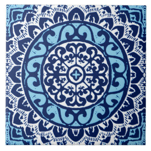Carreau Batik de mandala de Sun, bleu marine et blanc du
