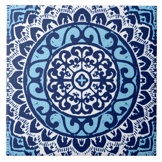 Carreau Batik de mandala de Sun, bleu marine et blanc du (Devant)