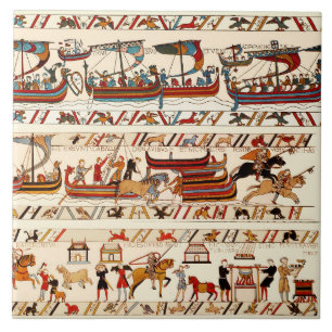 CARREAU BAYEUX TAPESTRY 1066, CHEVALIERS NORMAUX, NAVIRES 