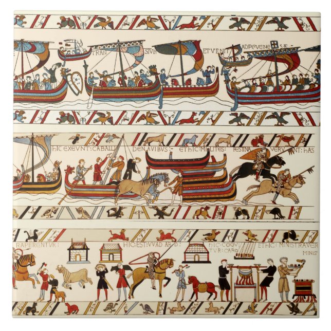 CARREAU BAYEUX TAPESTRY 1066, CHEVALIERS NORMAUX, NAVIRES  (Devant)