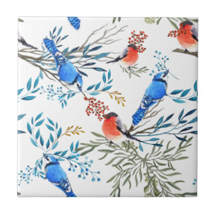 Carreau Beau Aquarelle Oiseaux et Motif de Foliage