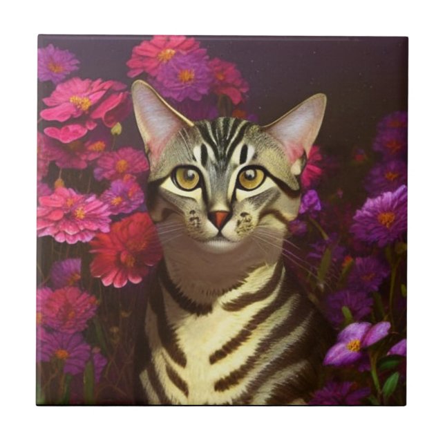 Carreau Beau chat égyptien Mau dans un jardin de nuit (Devant)