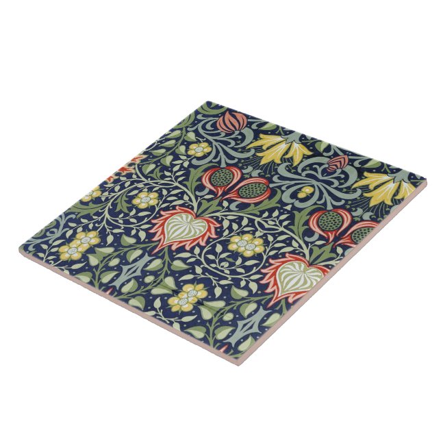 Carreau Beau modèle floral du 19ème siècle Vert Rouge (Côté)