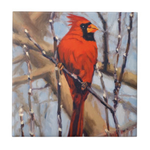 Carreau Beau oiseau cardinal rouge dans l'arbre nu