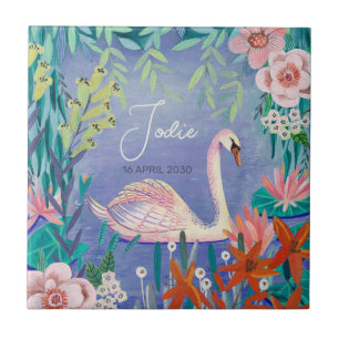 Carreau Beau Oiseau de Cygne Elégant Baby shower bleu et r